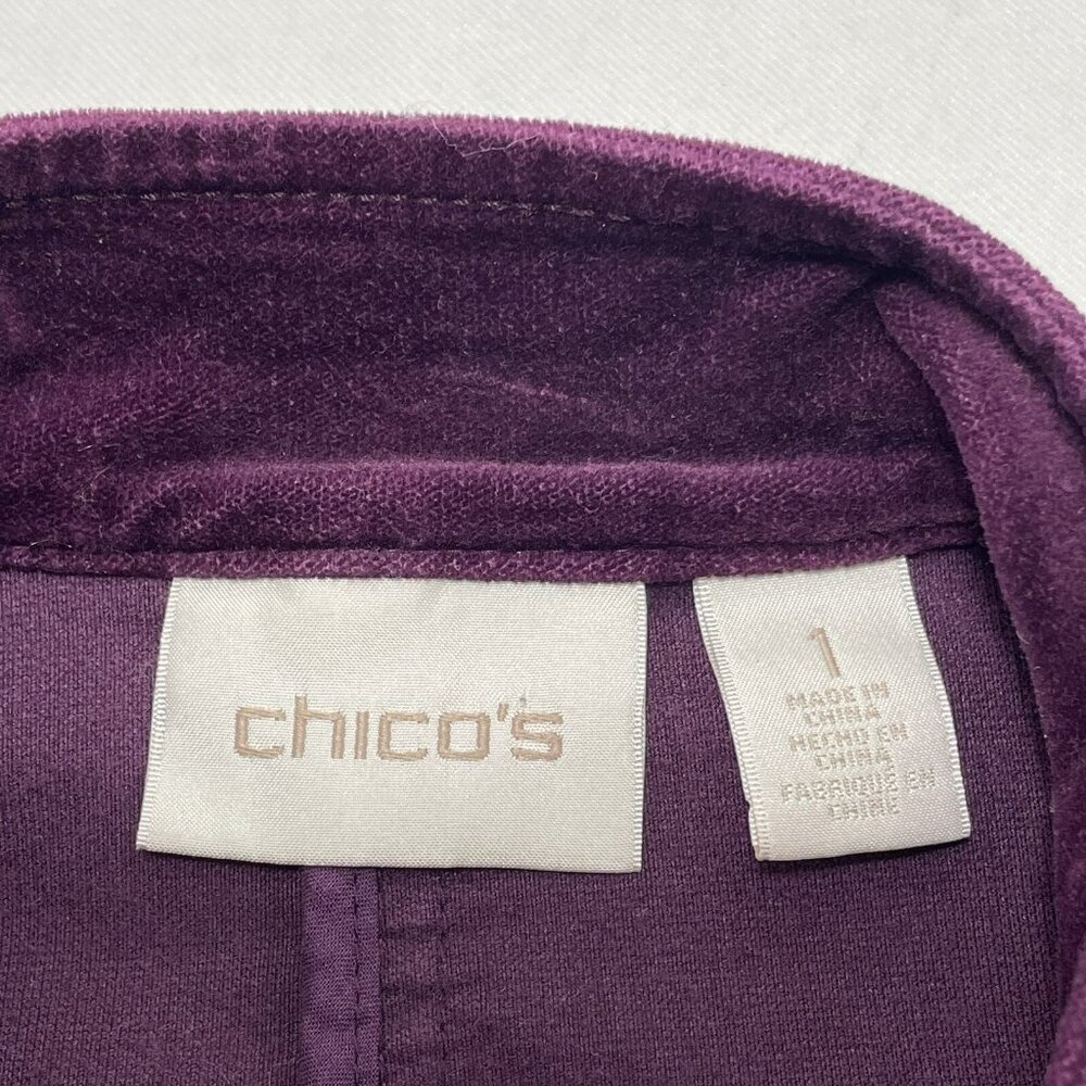 Chico Suit Jacket Coat Trench Women Size 1 Medium 8 Purple Velvet Military Retro - Picture 10 of 12